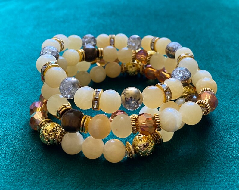 and Gold Lava Stone bracelet set Crystal Glass Yellow Jade