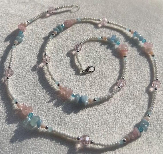 Chipped Rose Quartz and Aquamarine stone with silver accent waist beads