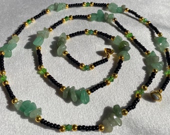 Green Aventurine , black and gold waist beads / waist chain