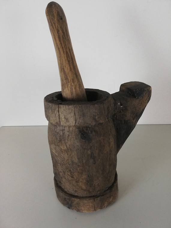 Antique Turkish Oak Mortar & Pestle: Hand Carved Village Art