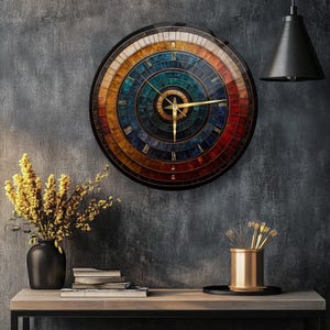 May include: A circular wall clock featuring a multi-layered, concentric design with a gradient of colors ranging from deep red and orange to blue and gold. The clock face displays Roman numerals and has thin, gold-colored metal hands.