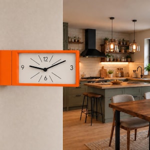 May include: A rectangular wall clock with a bright orange frame and a white face. The clock features black hour and minute hands, black numerical markers for 3, 6, 9, and 12, and thin black lines representing the remaining hour positions.
