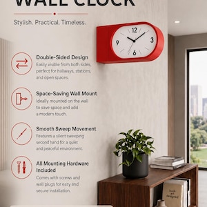 Peut inclure: Une horloge murale double face rouge avec un cadran blanc, des chiffres noirs aux positions 3, 6, 9 et 12, et des aiguilles noires. Le texte sur l'image indique : DOUBLE-SIDED WALL CLOCK, Stylish. Practical. Timeless., Double-Sided Design, Space-Saving Wall Mount, Smooth Sweep Movement, All Mounting Hardware Included, Quality you can trust. A design that lasts. Perfect for homes, offices, cafes & more.