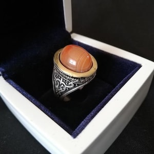 Ram Head-Sexual power-agate stone   Ottoman Arms Embroidered-   Thumb Ring-Mens Silver Ring-Ottoman Ring-Double Headed Eagle Ring-Sterling