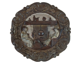 Vintage Carved Wooden Wall Hanging Plate German Style Homestead Life Old Couple