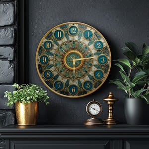 May include: A round wall clock with a gold frame and a teal and gold peacock-inspired mandala pattern on the face. The clock features gold numerals from 1 to 12 set within circular teal borders and gold hands indicating the time.