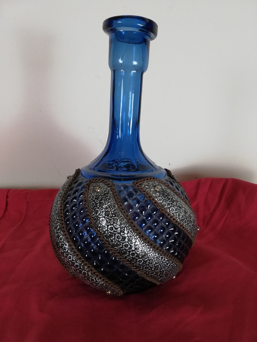 Blue Ribbed Glass Bottle/vase Embroidered Blue Glass Etsy