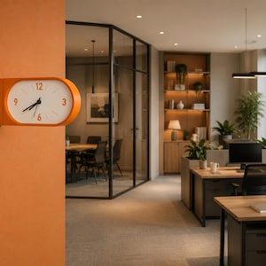 Op de afbeelding: Een oranje wandklok met een afgerond rechthoekig frame en een witte wijzerplaat. De klok heeft zwarte uren- en minutenwijzers, met de cijfers 3, 6, 9 en 12 in het oranje op de wijzerplaat gedrukt, gemonteerd op een oranje muuroppervlak.