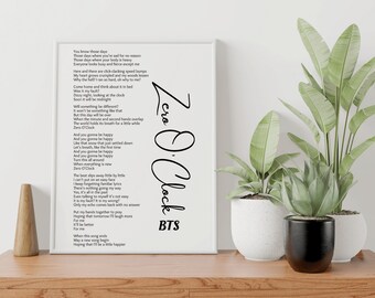BTS Zero O&#39;Clock Lyrics Print: Kpop Minimalist Decor (Digital Download)