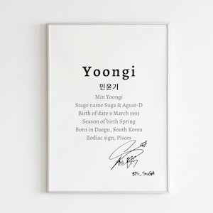 BTS BIO | YOONGI | 민윤기 | Printable Decoration, Instant Download, Kpop Quote, Minimalist Decoration, Home Decoration, Table Decoration
