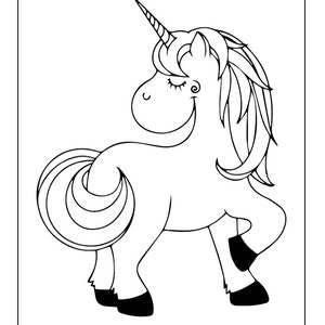 May include: A black and white line drawing of a unicorn with a closed eye and a smile. The unicorn has a long flowing mane and tail.