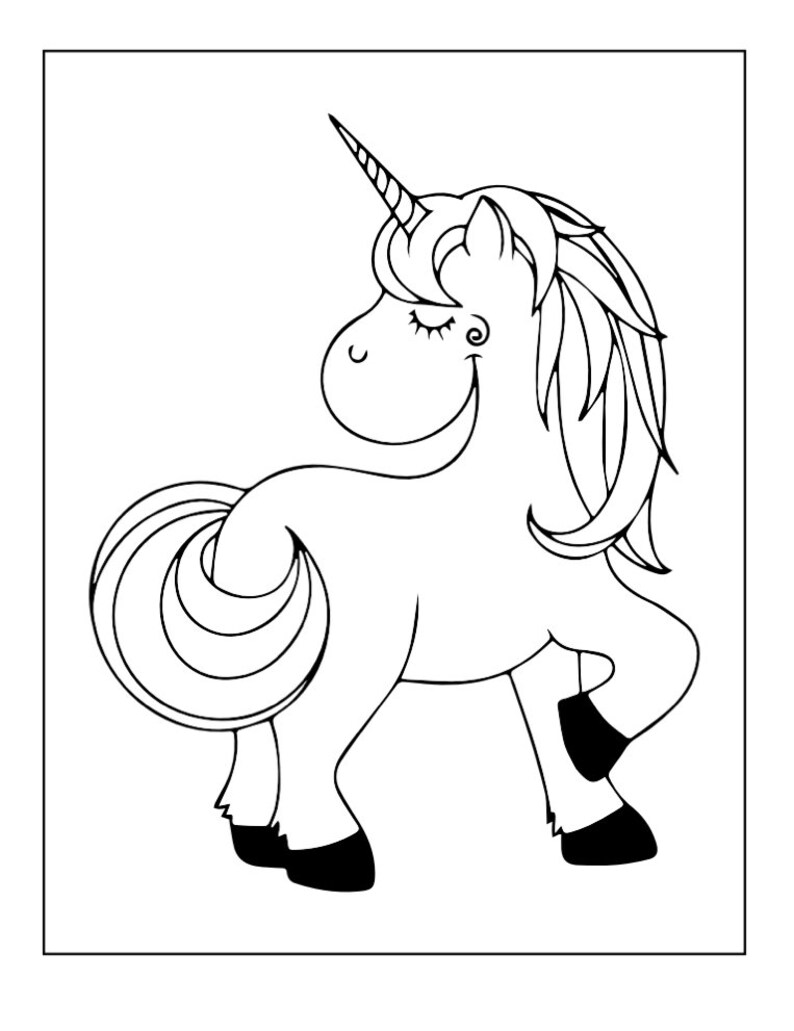 May include: A black and white line drawing of a unicorn with a closed eye and a smile. The unicorn has a long flowing mane and tail.