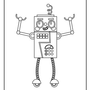 May include: A black and white line drawing of a robot with a spring antenna, large eyes, and a panel with buttons and a dial. The robot has two arms and two legs with wheels.