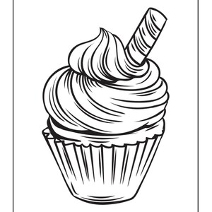 May include: A black and white line drawing of a cupcake with a swirl of frosting and a candy cane on top.