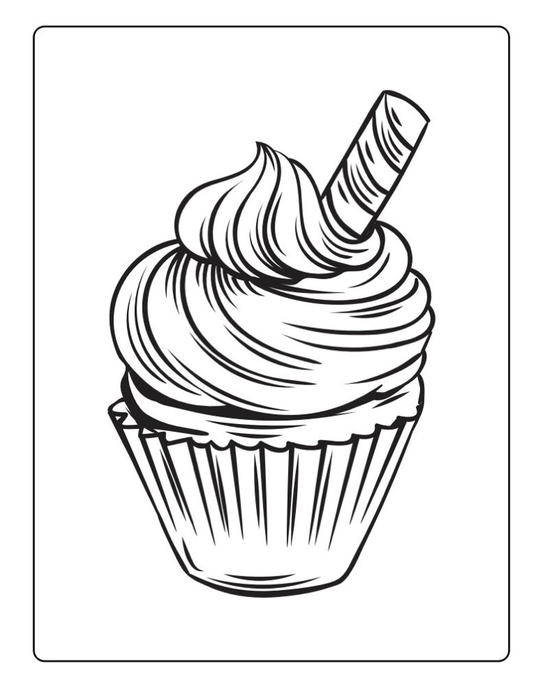 May include: A black and white line drawing of a cupcake with a swirl of frosting and a candy cane on top.