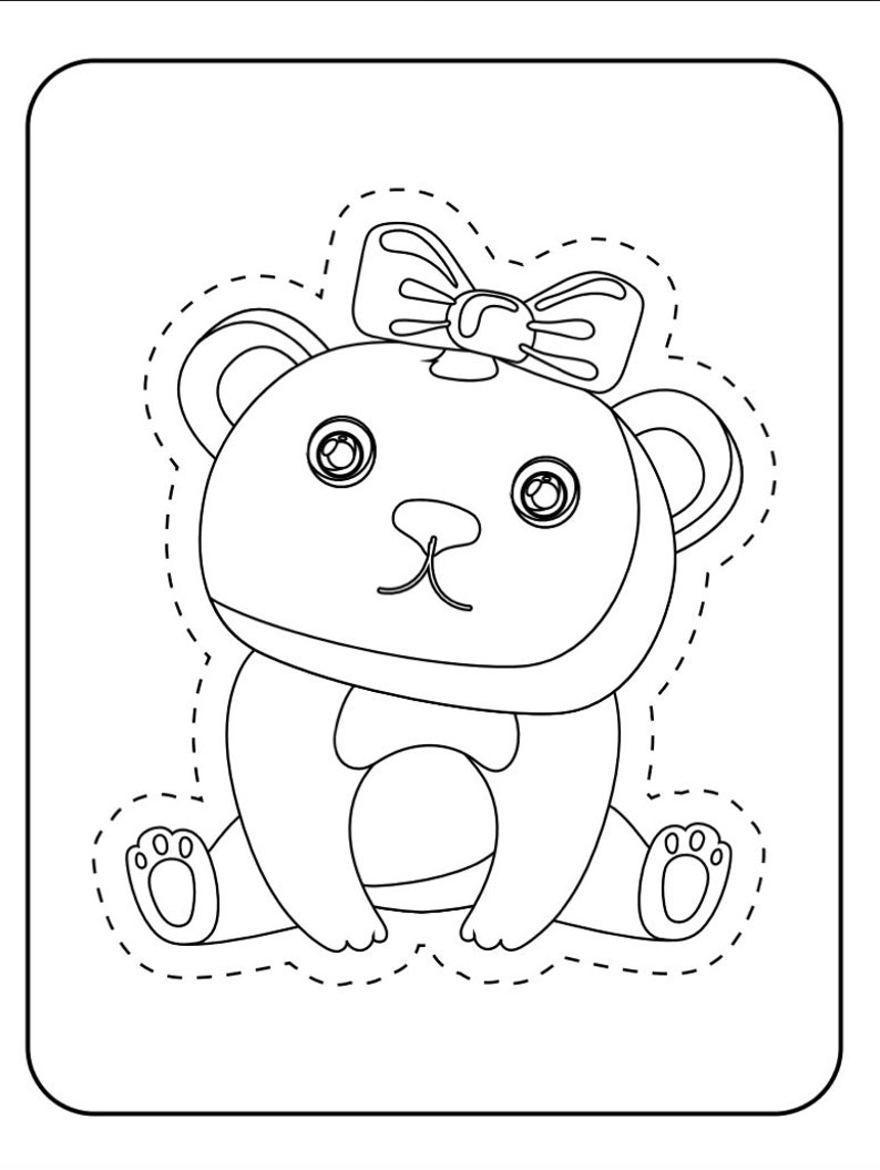 May include: A black and white line drawing of a teddy bear wearing a bow. The bear is sitting with its legs crossed and has a cute expression on its face.