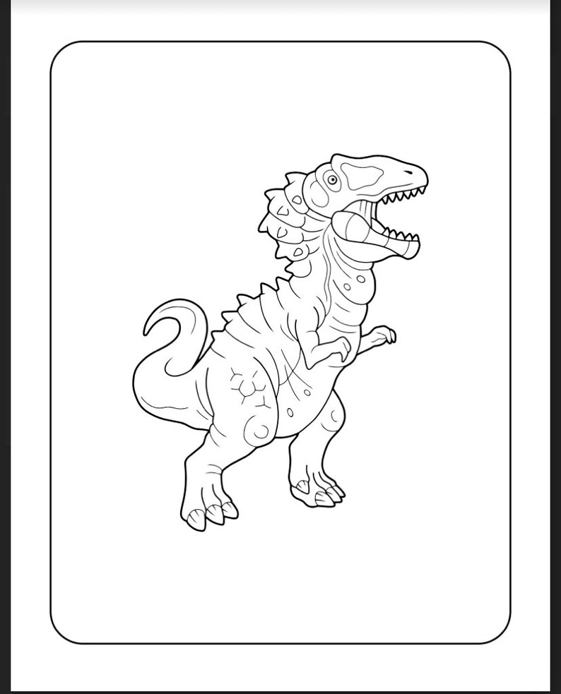 May include: A black and white line drawing of a dinosaur with a frill around its neck. The dinosaur is standing on all fours with its mouth open.