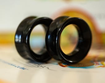 TUNNELS Black Obsidian Stone Plugs - Double Flared - 1 Pair - 6mm, 8mm, 10mm, 11mm, 12.7mm, 14mm, 16mm, 19mm, 22mm, 25mm Gauges Stretched