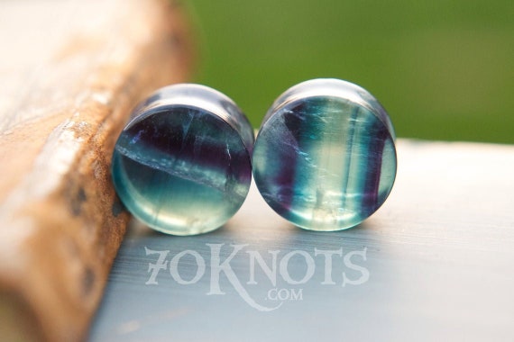 00g to 1" Pair of Concave Rainbow Fluorite Stone Plugs Double Flared ear lobe 