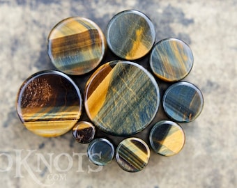 Blue Tiger's Eye Stone Plugs - Double Flared - 1 Pair- 6mm, 8mm, 10mm, 11mm, 12.7mm, 14mm, 16mm, 19mm, 22mm, 25mm Gauges Stretched Ears