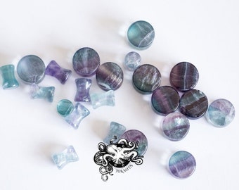 Rainbow Fluorite Stone Plugs - Double Flared - 1 Pair- 6mm, 8mm, 10mm, 11mm, 12.7mm, 14mm, 16mm, 19mm, 22mm, 25mm Gauges Stretched Ears