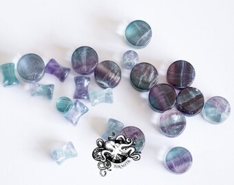 thumbnail image 2 of Pair Natural Rainbow Fluorite Stone Ear Plugs – Double Flare Saddle – 1 Inch (25mm) – Blue Palm Jewelry 2 of 6
