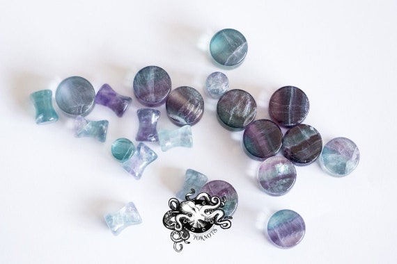 Rainbow Fluorite Stone Plugs - Double Flared - 1 Pair- 6mm, 8mm, 10mm, 11mm, 12.7mm, 14mm, 16mm, 19mm, 22mm, 25mm Gauges Stretched Ears