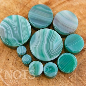 Green Stripe Agate Stone Plugs - Double Flared - 1 Pair- 6mm, 8mm, 10mm, 11mm, 12.7mm, 14mm, 16mm, 19mm, 22mm, 25mm Gauges Stretched Ears