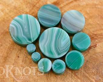 Green Stripe Agate Stone Plugs - Double Flared - 1 Pair- 6mm, 8mm, 10mm, 11mm, 12.7mm, 14mm, 16mm, 19mm, 22mm, 25mm Gauges Stretched Ears