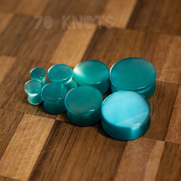 Tropez Blue Cat Eye Plugs - Double Flared - 1 Pair- 6mm, 8mm, 10mm, 11mm, 12.7mm, 14mm, 16mm, 19mm, 22mm, 25mm Gauges by 70 Knots