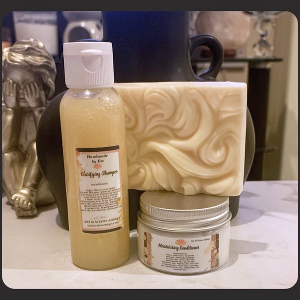 Handmade Organic Clarifying Shampoo & Conditioner With Aloe Vera, Sunflower,Jojoba, Shea Butter.Creamy Shampoo Bars|SLS/Paraben Free|