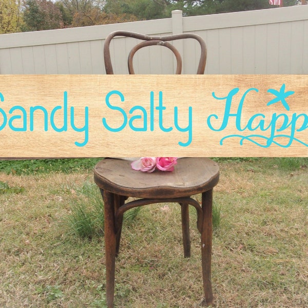 Sandy Salty Happy sign, Beach decor, Beach house decorations, Beach house decor, Beach signs, Beachy Signs, wood beach signs, starfish decor