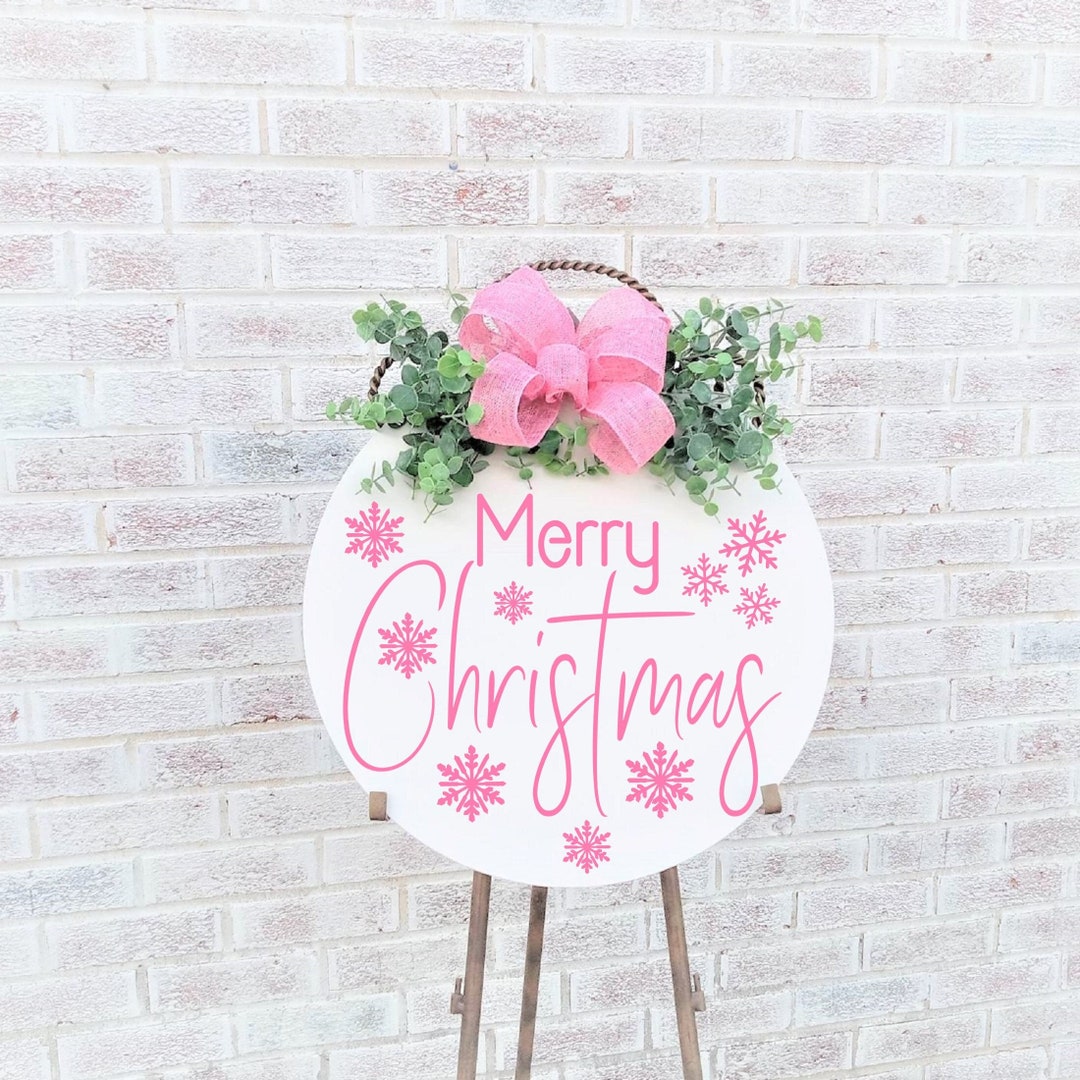 Merry Christmas Sign Front Door, Pink Christmas Wreath, Pink Christmas