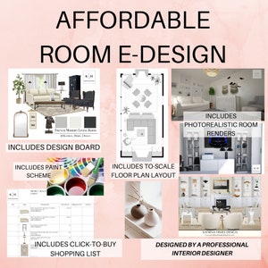 K&ouml;nnte beinhalten: Eine Grafik, die die Leistungen eines Innenarchitekten zeigt. Die Grafik enth&auml;lt ein Designboard, ein Farbschema, einen Grundriss, fotorealistische Raumrenderings und eine Click-to-Buy-Einkaufsliste. Der Text "AFFORDABLE ROOM E-DESIGN" befindet sich oben auf der Grafik.
