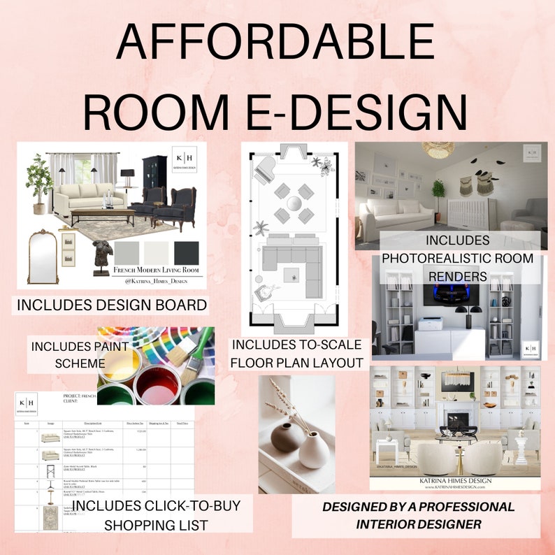 K&ouml;nnte beinhalten: Eine Grafik, die die Leistungen eines Innenarchitekten zeigt. Die Grafik enth&auml;lt ein Designboard, ein Farbschema, einen Grundriss, fotorealistische Raumrenderings und eine Click-to-Buy-Einkaufsliste. Der Text "AFFORDABLE ROOM E-DESIGN" befindet sich oben auf der Grafik.