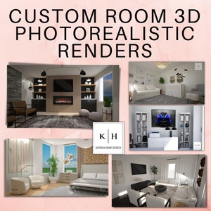K&ouml;nnte beinhalten: Vier verschiedene 3D-Fotorealistische Renderings von R&auml;umen, jeder mit einem anderen Designstil. Die R&auml;ume umfassen ein Wohnzimmer mit einem Kamin, ein Schlafzimmer mit einem gro&szlig;en Bett, ein Heimb&uuml;ro mit einem Schreibtisch und Regalen sowie ein Wohnzimmer mit einer Couch und einem Couchtisch. Die Renderings sind alle von hoher Qualit&auml;t und zeigen viele Details.