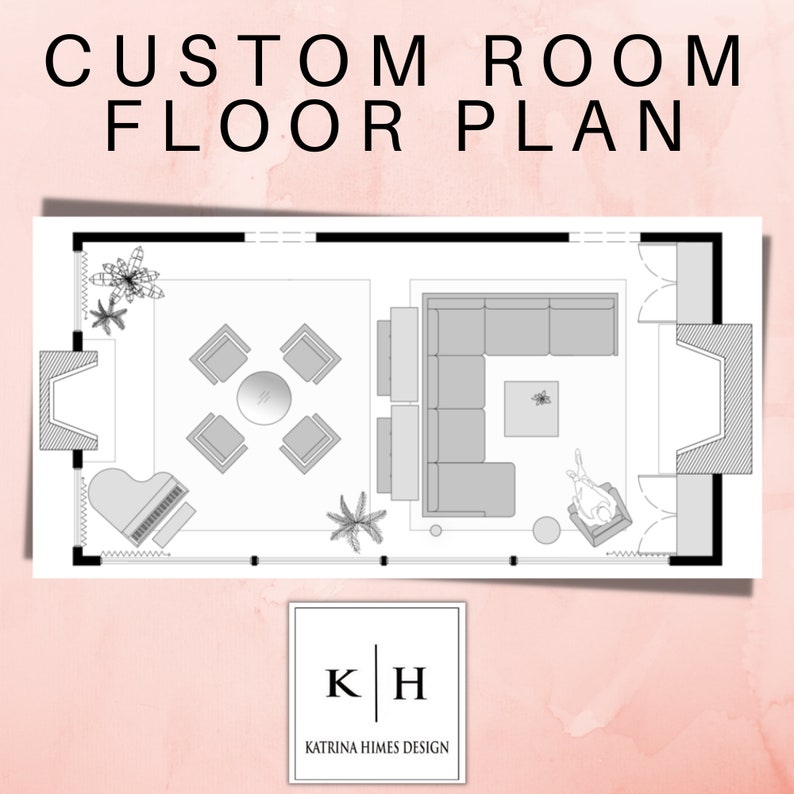 K&ouml;nnte beinhalten: Ein schwarz-wei&szlig;er Grundriss eines Wohnzimmers mit einer Eckcouch, vier St&uuml;hlen, einem Couchtisch, einem Klavier und zwei Pflanzen. Der Grundriss ist mit "CUSTOM ROOM FLOOR PLAN" beschriftet.