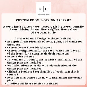 K&ouml;nnte beinhalten: Eine rosa und wei&szlig;e Grafik mit dem Text "CUSTOM ROOM E-DESIGN PACKAGE" und einer Liste der im Paket enthaltenen R&auml;ume: Schlafzimmer, Flur, Wohnzimmer, Familienraum, Esszimmer, Homeoffice, Heim-Fitnessstudio, Spielzimmer, Terrasse. Die Grafik listet auch die im Paket enthaltenen Leistungen auf: Umfassende Kundenrecherche zu Stil, Zielen und W&uuml;nschen f&uuml;r den Raum, Individueller Grundriss des Raumes, Individuelles Designboard f&uuml;r den Raum, das alle Elemente f&uuml;r einen komplett gestalteten Raum enth&auml;lt, Farbschema f&uuml;r den Raum, 3D-Renderings des Raumes, um die Visualisierung des Designplans zu unterst&uuml;tzen, sind enthalten!, Wandansichten, um die Visualisierung des Designplans zu unterst&uuml;tzen, sind enthalten!, Klickbare Produktshoppingliste f&uuml;r jeden Artikel, der beschafft wird, Detaillierte Anweisungen zur Implementierung des Designplans, 3 individuelle Artikelrevisionen sind enthalten.