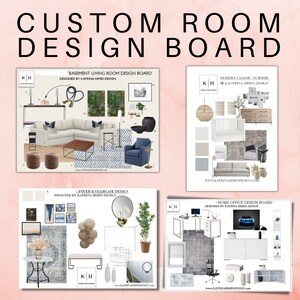K&ouml;nnte beinhalten: Vier Moodboards f&uuml;r Innendesign, jedes mit einem anderen Raumthema: Kellerwohnzimmer, moderne klassische Kinderstube, Flur und Treppe sowie Homeoffice. Jedes Board zeigt eine Vielzahl von M&ouml;beln, Dekor und Farbpaletten.