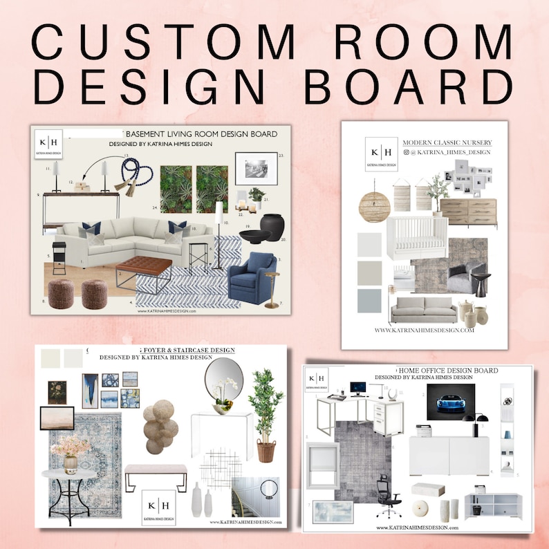 K&ouml;nnte beinhalten: Vier Moodboards f&uuml;r Innendesign, jedes mit einem anderen Raumthema: Kellerwohnzimmer, moderne klassische Kinderstube, Flur und Treppe sowie Homeoffice. Jedes Board zeigt eine Vielzahl von M&ouml;beln, Dekor und Farbpaletten.