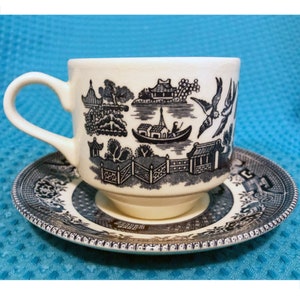 2 Churchill Blue Willow Cups & Saucers (Set of 2)