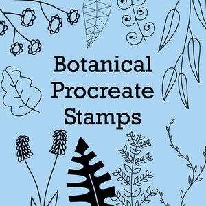Peut inclure: Fond bleu clair avec des illustrations botaniques noires et le texte "Botanical Procreate Stamps" en gras noir. L'image présente divers dessins au trait de feuilles, de fleurs et d'autres éléments végétaux.