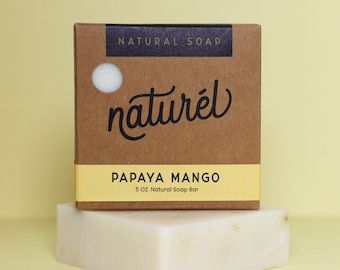 Handmade Papaya Mango Natural Soap Bar - 5 oz, Coconut Oil, Shea Butter, Cruelty-Free, Palm Oil-Free, Refreshing Citrus Scent.