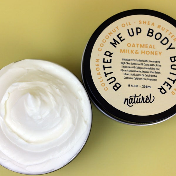 Body Butter with Collagen, Shea Butter, Coconut Oil & Cocoa Butter. Youthful skin, multiple scents, eco-friendly packaging in Aluminum Tin.