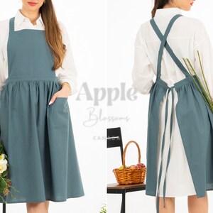 Linen Apron | Japanese Linen Apron | Vintage style Dress Apron | Pinafore Apron | Gardening Apron | Cotton Crossback Kitchen Apron | Pockets