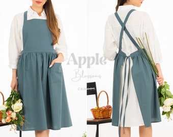 Linen Apron | Japanese Linen Apron | Vintage style Dress Apron | Pinafore Apron | Gardening Apron | Cotton Crossback Kitchen Apron | Pockets