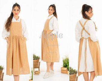 Schürze Maxi Langes Kleid für Frauen Leinen Baumwolle Bequemes Geschenk für Sie Kreuz Rücken Lehrer Geschenk Gartenarbeit Offener Rücken