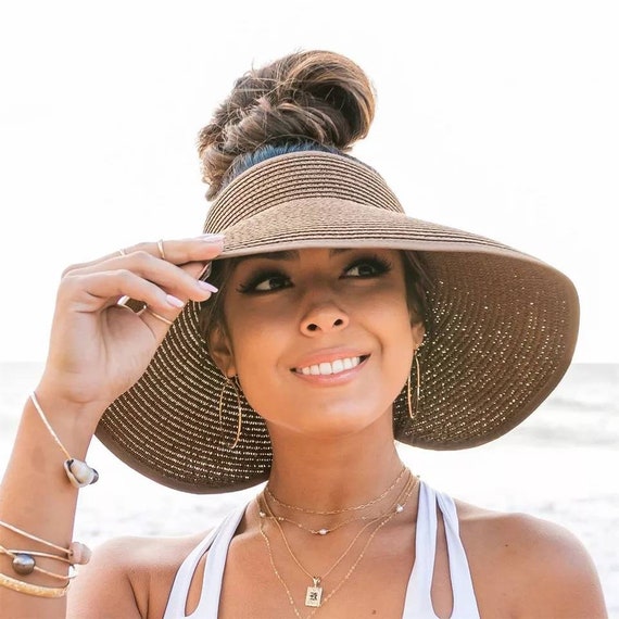 sombrero de sol para mujer, sombreros de paja plegables de ala ancha,  viseras para el sol para mujer, sombrero de playa con lazo de verano  Vhermosa