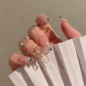 Glitter Diamond Flowers False Nail Long Coffin Press on Nails for Nail Art  24pcs