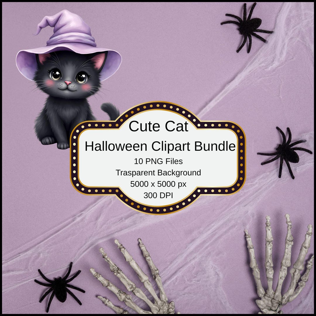 Cute Cat Halloween Clipart Bundle | Ghost Cat, Witch Hat, Pumpkin ...